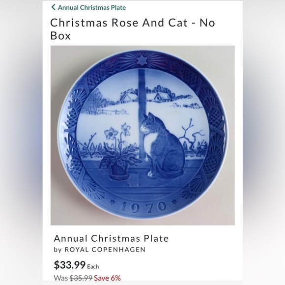Royal Copenhagen 1970 Annual Plate Christmas Rose and Cat Denmark Blue White - Picture 9 of 13